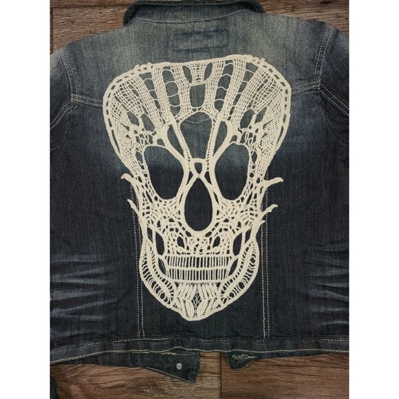 1st Kiss Distressed Stretch Denim Lace Skull Rockabilly Jean Jacket Juniors M - Picture 7 of 8